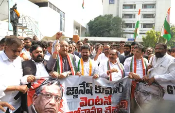 Telangana Congress leaders stage a massive protest in Delhi.